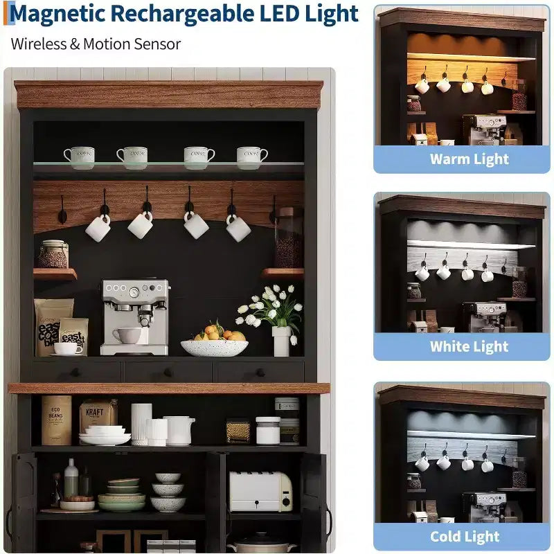 183 cm hoher Kaffeebarschrank im Landhausstil mit LED-Beleuchtung, Küchenbuffet mit Türen und Schublade, verstellbaren Regalböden und geräumigem Stauraum