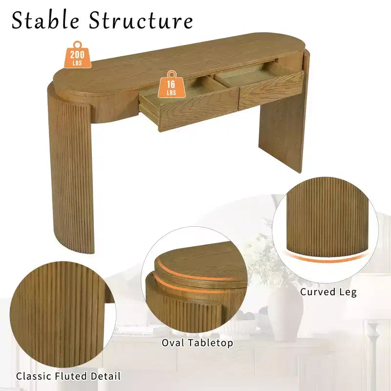 Table console moderne Merax à plateau ovale avec pieds courbés cannelés et deux tiroirs dissimulés
