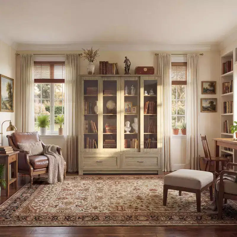 Famapy Vitrine in heller Eichenholzoptik: 160 cm breit, Schiebetüren aus Glas und Schubladenstauraum, geräumiger Organizer für Bibliotheken und Wohnzimmer