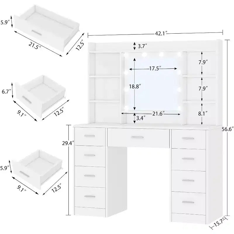 BALHAM TRADE-Vanity Desk with Mirror and Lights 9 Drawers 6 Shelves 3 Lighting Modes Adjustable Brightness