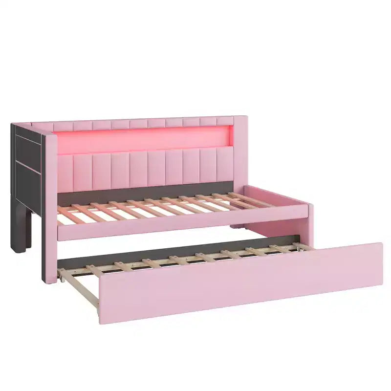 Daybed in Twin-/Full-Größe mit Ausziehbett und L-förmigem Bücherregal-Kopfteil, weiches Eckbett mit Leinenpolsterung, Ablagefächern und LED-Band