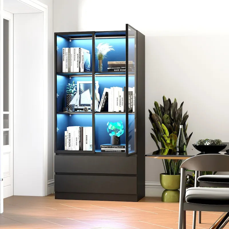 Vitrine de rangement, vitrine avec portes en verre trempé, présentoir avec 4 étagères de rangement