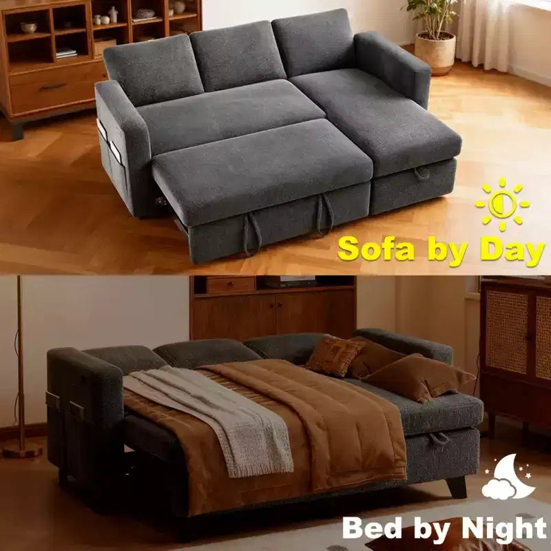 2-in-1-Ausziehsofa mit Stauraum und Ottomane, Chenille-Ecksofa mit USB-Anschlüssen für das Wohnzimmer