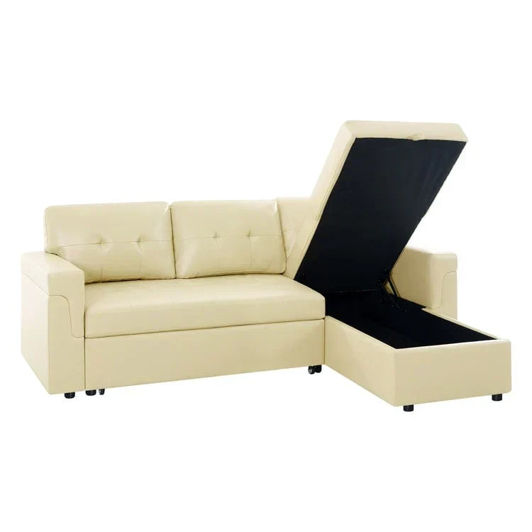 Divano componibile reversibile trasformabile con letto estraibile, chaise longue con contenitore nascosto e gambe resistenti