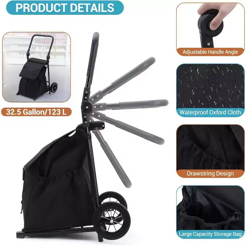 Acekool 2-in-1 Foldable Hand Truck Utility Cart with Removable Waterproof Bag, Thick Seat Cushion & Adjustable Non-Slip Handle, Black