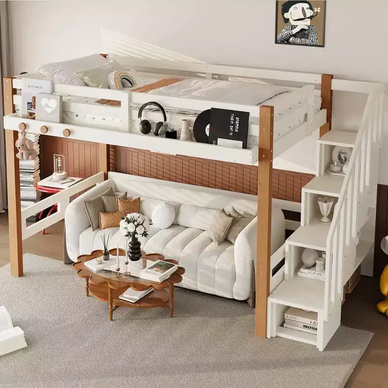 Modern Loft Bed with Clothes Hook, Storage Shelves and Underbed Space