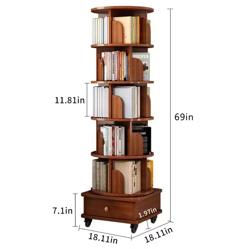 Libreria angolare Chic Crate a 6 ripiani con rotazione a 360° e ruote, libreria stretta per piccoli spazi, marrone noce
