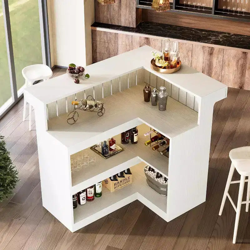 Lantine L-vormige thuisbar, hoekbar met 4 niveaus, dranktafel met opbergplanken en wijnglashouder voor de thuisbar