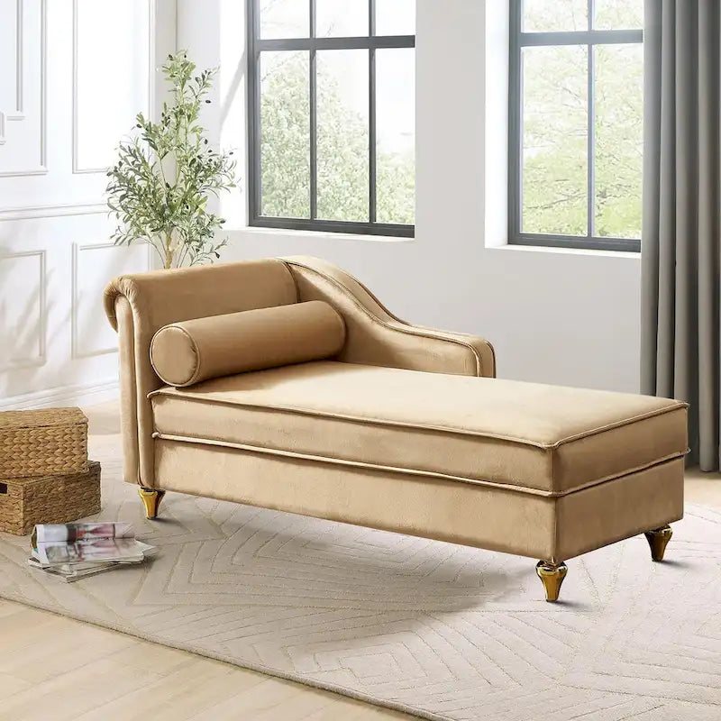 French Elegant Velvet Upholstered Storage Chaise Lounge Chair with a Pillow