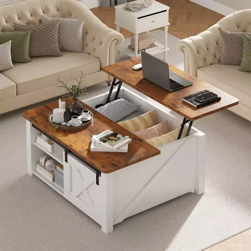 JIONJOY salontafel van 31,5 inch met opklapbaar blad en grote verborgen opbergruimte, verstelbare planken, vierkante landelijke salontafel voor de woonkamer en kleine ruimtes