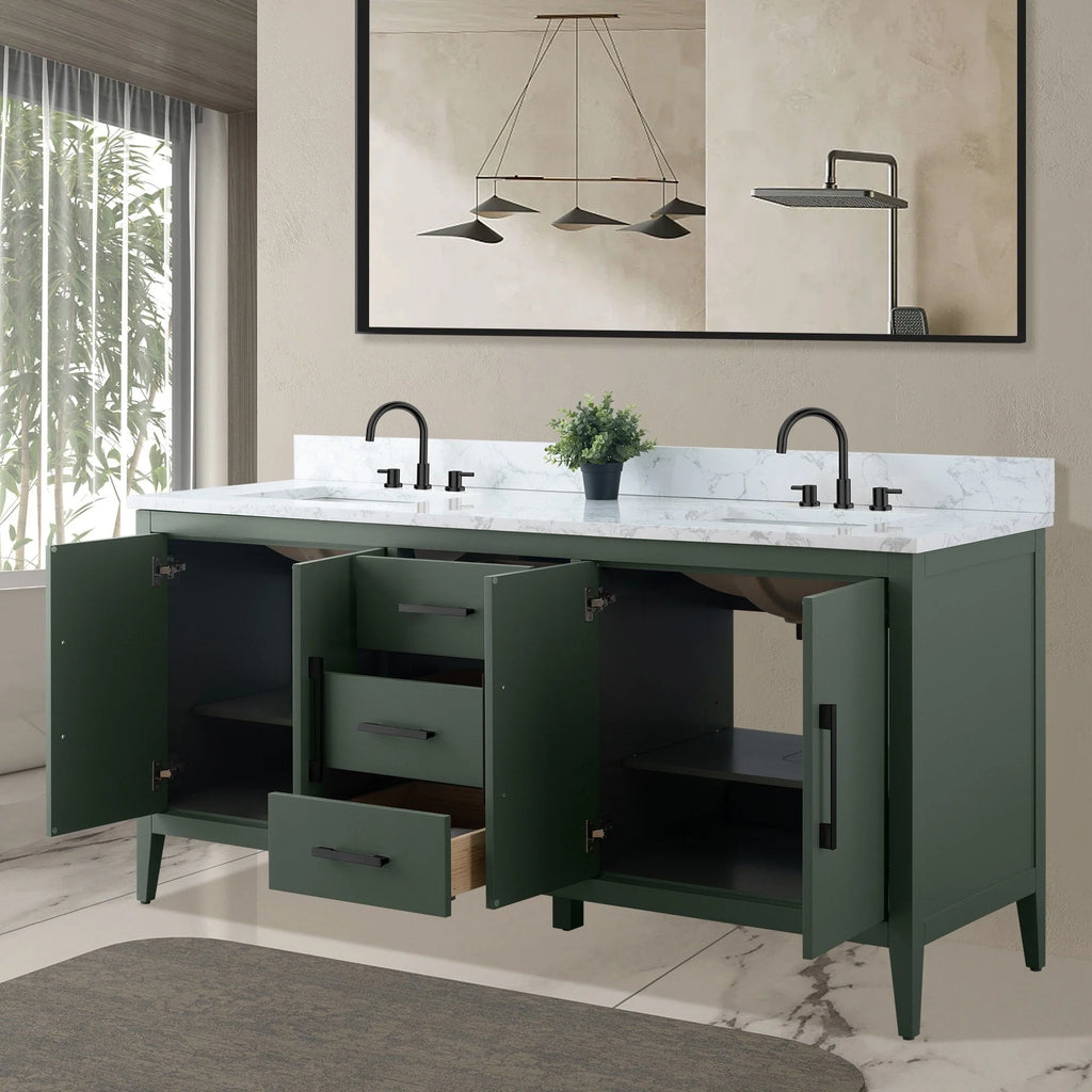 Vanity Art 72 badkamermeubel met dubbele wastafel en blad van composietmarmer