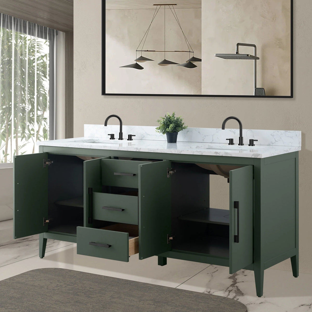Vanity Art 72 badkamermeubel met dubbele wastafel en blad van composietmarmer