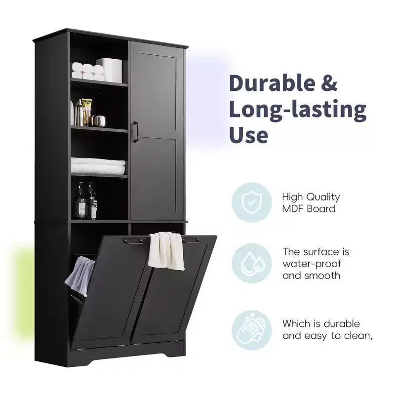 Bathroom Storage Cabinet with Doors and Drawers Tilt-Out Laundry Hamper Multiple Storage Space Freestanding Style