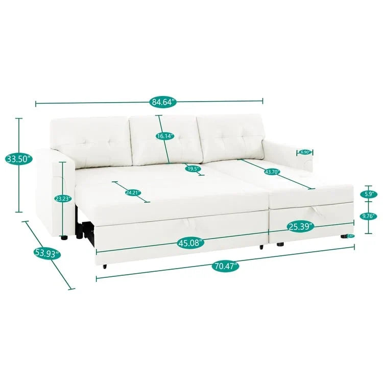 Divano componibile reversibile trasformabile con letto estraibile, chaise longue con contenitore nascosto e gambe resistenti
