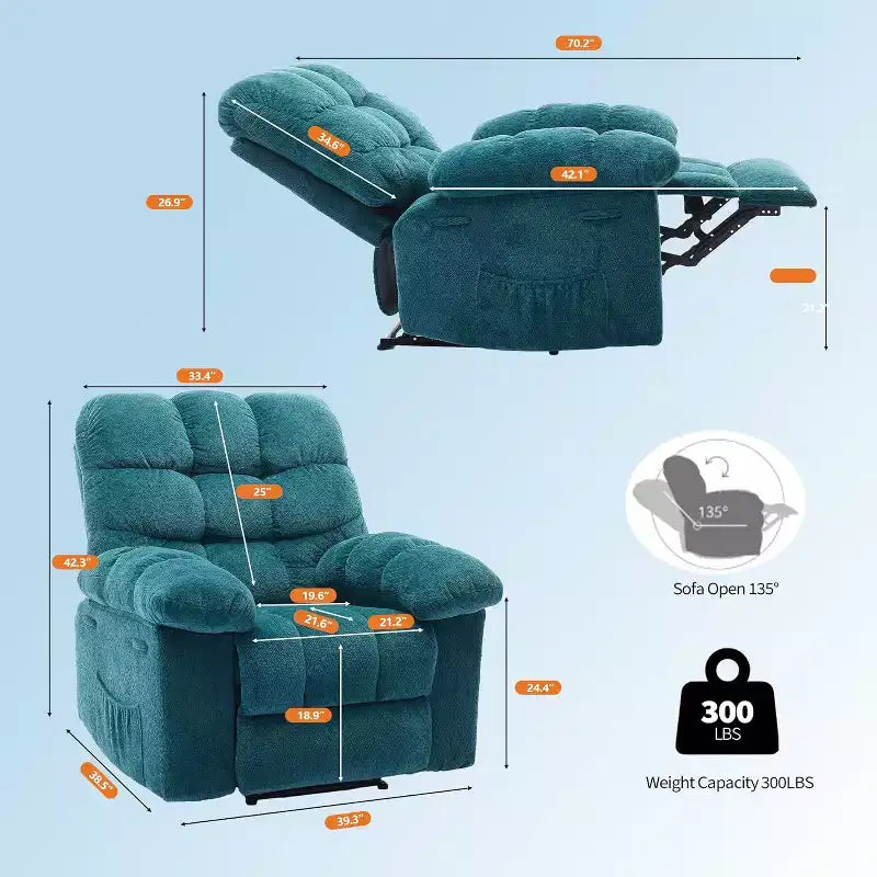 Handmatige relaxfauteuil, ergonomische ademende stoffen fauteuil met zijvakken, eenpersoonsbank, geschikt voor woonkamer en slaapkamer
