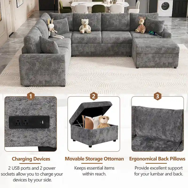 Chenille Sectional Sofa Pull-out Sofa Bed, L-Shape Sleeper Sofa with Storage Ottoman, 3 Pillows and Charging Devices