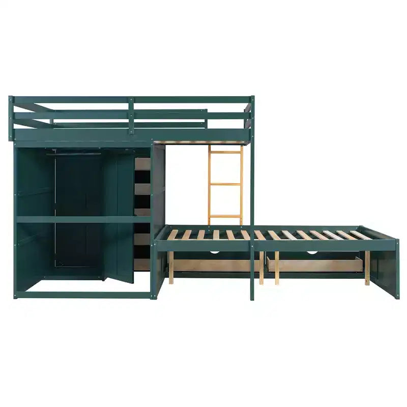 Full over Full Bunk Bed with Storage Wardrobe and Drawers, Full Size Wood Space-Saving Bunk Bed with Guardrail for Apartment, Bedroom