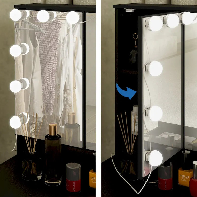 Luksusowa toaletka do makijażu LED z 9 szufladami, elegancka stacja do makijażu