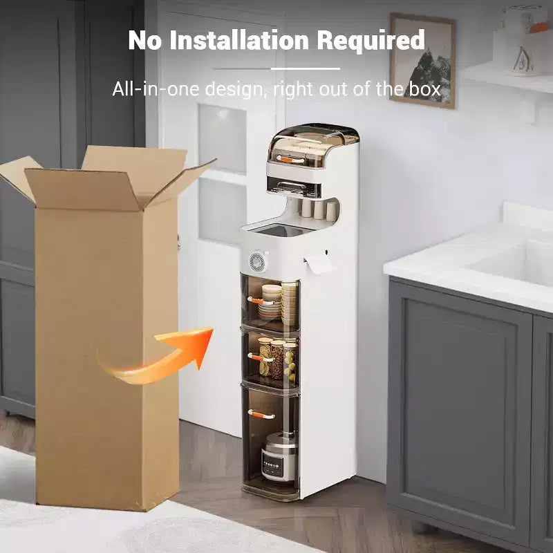 Schmaler Badezimmerschrank, 7-stufiger schmaler Aufbewahrungsschrank mit wasserdichten Organizern, Toilettenpapierhalter und Rollen, ideal für Bad, Küche und Waschküche