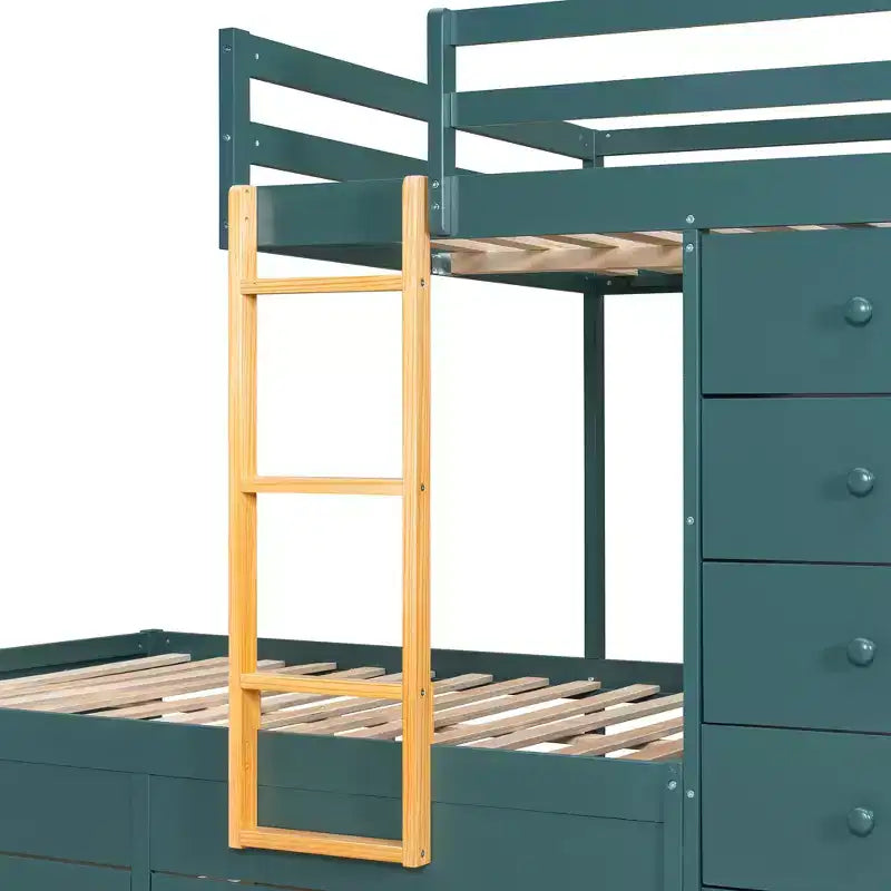 Full over Full Bunk Bed with Storage Wardrobe and Drawers, Full Size Wood Space-Saving Bunk Bed with Guardrail for Apartment, Bedroom