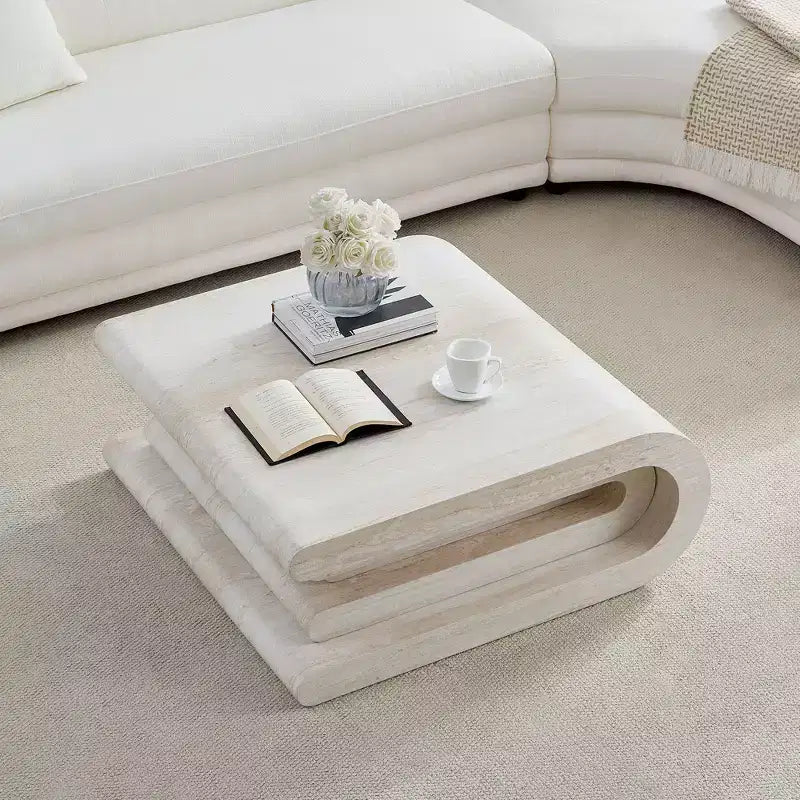 GDFStudio Laurine Modern Travertine Pattern Layered Coffee Table