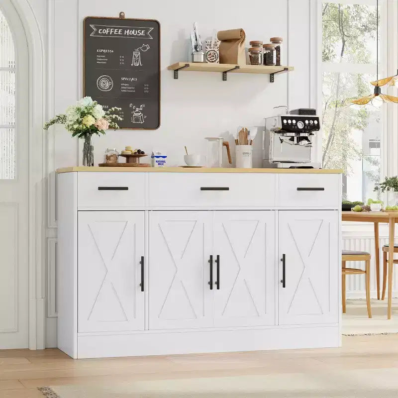 Aparador Celebalcony con almacenamiento, armario grande de cocina de 53.4 con 3 cajones y 4 puertas, estante ajustable para cocina y sala de estar