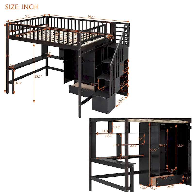 Full Pine Loft Bed with Desk and Storage