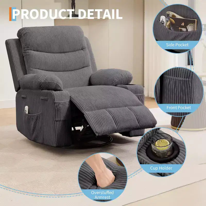 Sillón reclinable mecedor giratorio de 360° extragrande con masaje y calor: silla ergonómica de descanso con portavasos y bolsillos laterales para la sala de estar o el dormitorio infantil