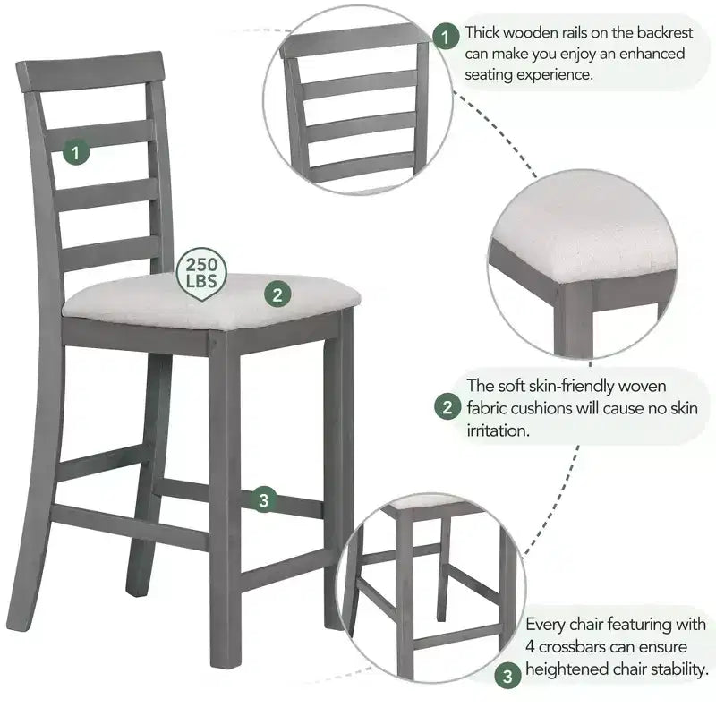 Ensemble de salle à manger de style maison de campagne 5 pièces, hauteur comptoir, avec chaises pour 4 personnes, table rectangulaire en bois avec étagères de rangement et compartiment pour bouteilles de vin