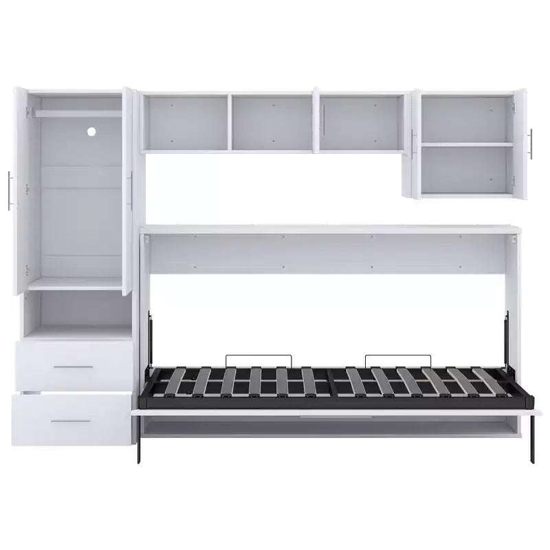Lit escamotable mural une place, cadre en bois avec armoire intégrée, tiroirs de rangement et étagères ouvertes, blanc -ModernLuxe