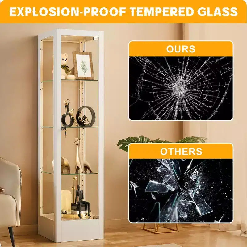 Bekrvio 4-Tier Glass Display Cabinet Case with Lock, 63 Curio Cabinet Tempered Glass Door & Adjustable Shelves