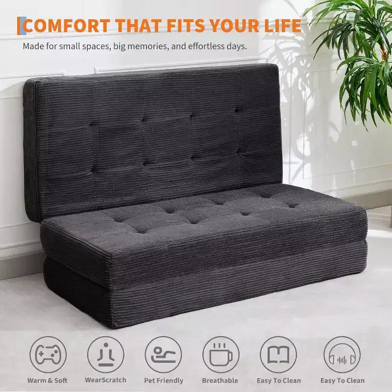 SunnyFurn 15,2 cm dreifach faltbares Matratzen-Sofa-Bett, 190,5 x 138 cm großes faltbares Schaumstoff-Gästebett mit Cordbezug und Knopfsteppung, tragbar für Camping, Wohnzimmer und Schlafzimmer