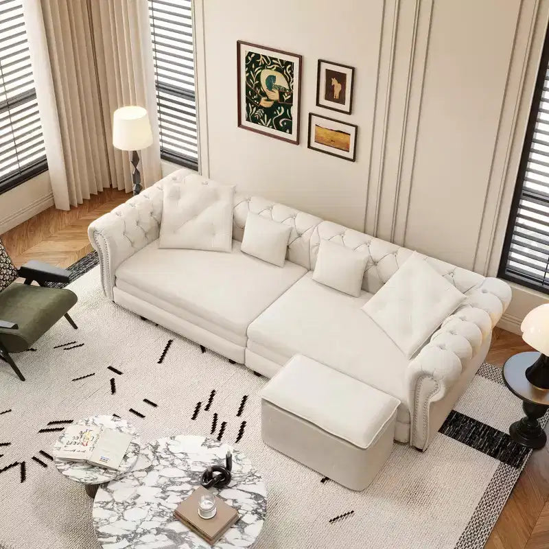 Whisen Samt-Schlafsofa in King-Size mit Ausziehfunktion und 3-in-1-Funktion, wandelbares Schlafsofa mit beweglichem Hocker und Steppdesign