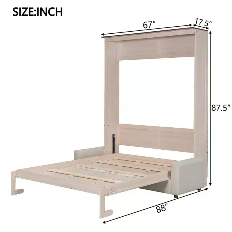 Murphy-bed in queensize met bank, houten kastbed in queensize met ledverlichting, opklapbaar wandbed voor de logeerkamer, beige