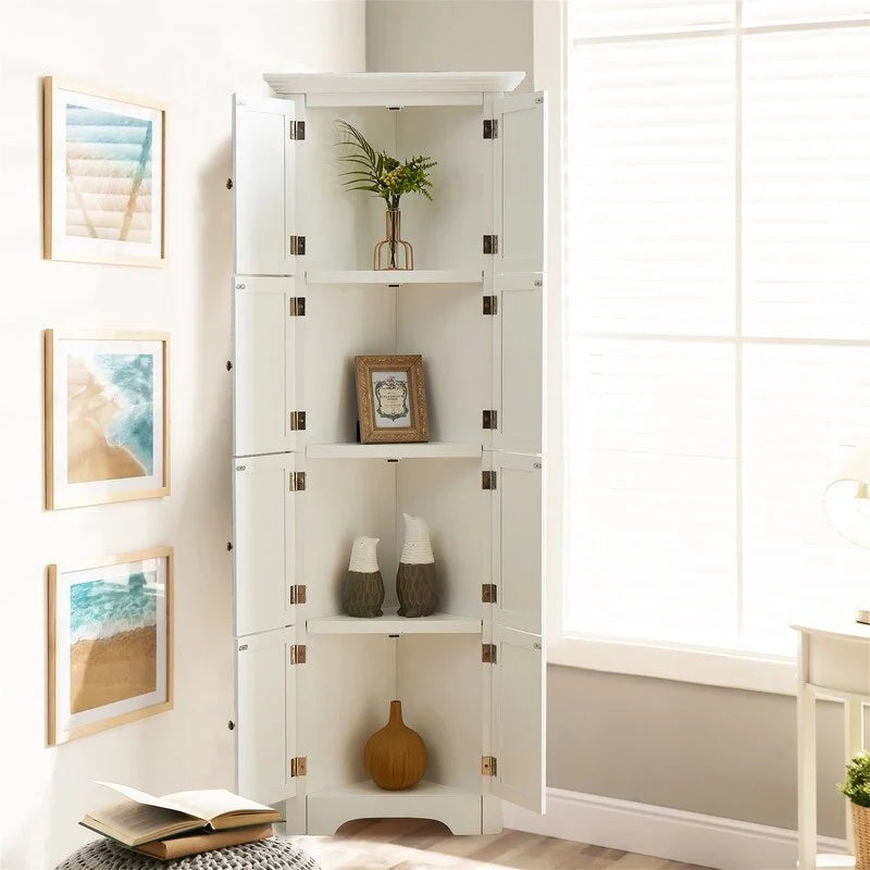 Tall Corner Storage Cabinet with 8 Doors and 4 Shelves