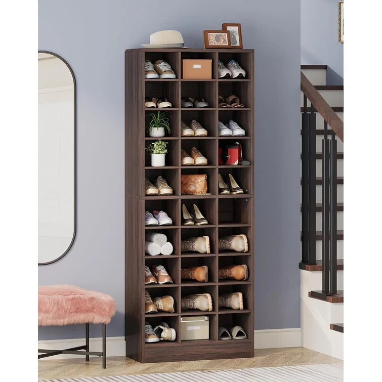 Hoge schoenenkast voor 30 paar schoenen, 10 etages, wit houten schoenenrek voor kledingkast en hal - 10 etages