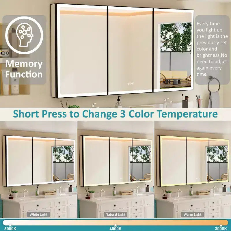 Bathroom Medicine Cabinet with LED Mirror, Surface or Recessed Mount, Dimmable Light, Anti-Fog, Adjustable Shelving