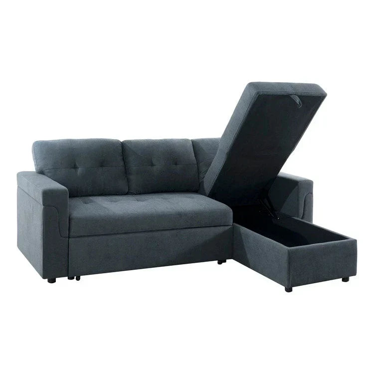 Divano componibile reversibile trasformabile con letto estraibile, chaise longue con contenitore nascosto e gambe resistenti