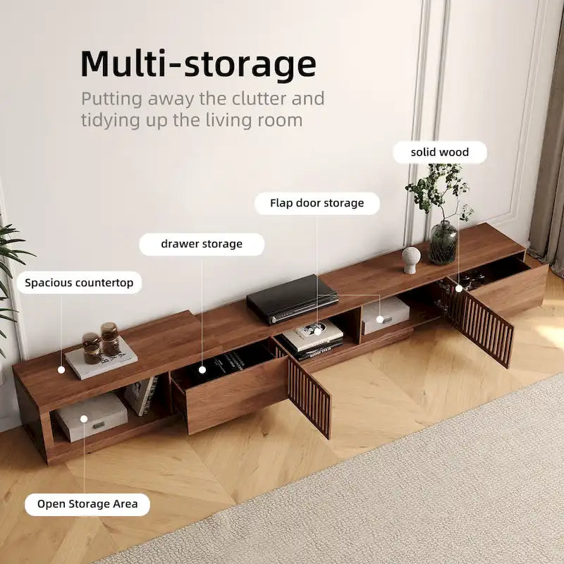 Meuble TV moderne rétractable et extensible avec 4 tiroirs, jusqu’à 103 pouces – 78.54P x 15.74L x 13.78H