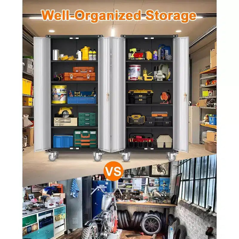 Garage Storage Cabinet with Wheels & Pegboard, 72 H Locking Metal Storage Cabinet with 2 Doors & 4 Adjustable Shelves for Garage Workshop