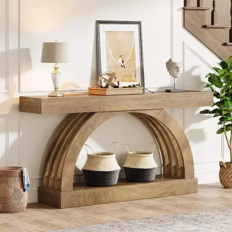 Mesa de entrada Lantine de 63 pulgadas, mesa de sofá de 2 niveles detrás del sofá, consola estrecha de estilo rústico con arco único para pasillo, sala de estar, recibidor, natural