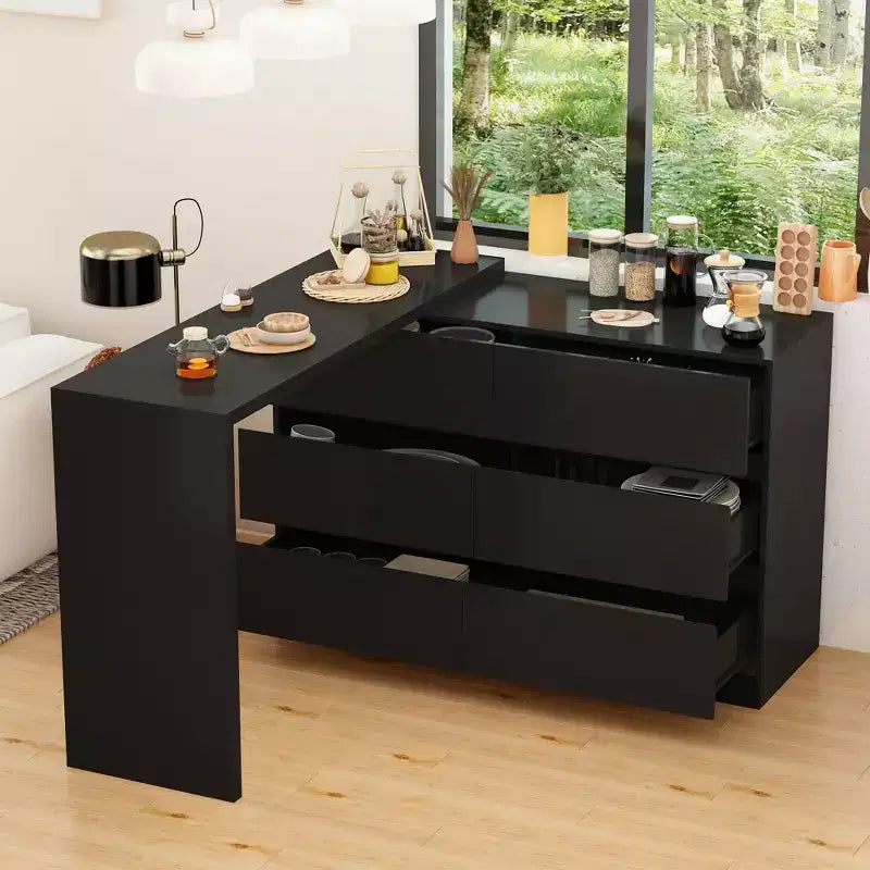 Smart Rotatable/Extendable Buffet Sideboard with 6 Drawers, Extended Countertop, Non-slip Mat, Rotating Dining Table, Kitchen Island Pantry