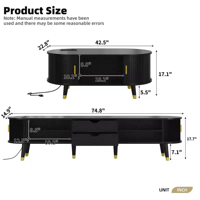 CLIHOME TV-Schrank und Couchtisch-Set aus Holz im Landhausstil mit Ladestation, ovale geriffelte Medienkonsole für Fernseher bis zu 80