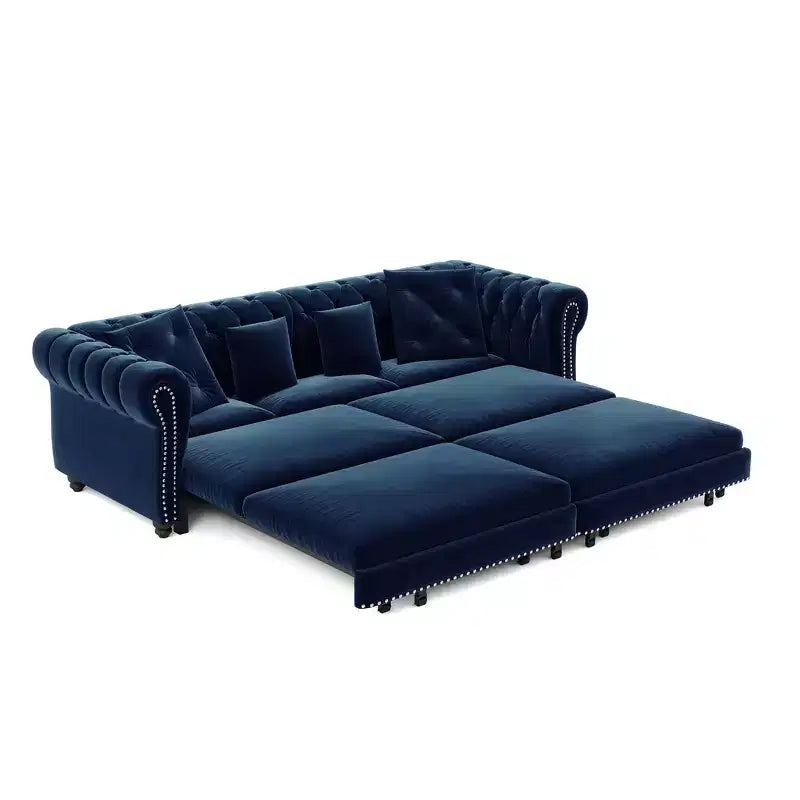 Whisen Samt-Schlafsofa in King-Size mit Ausziehfunktion und 3-in-1-Funktion, wandelbares Schlafsofa mit beweglichem Hocker und Steppdesign