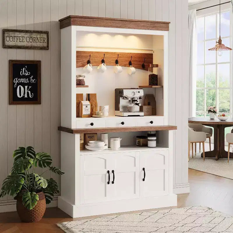 Mobile bar da caffè alto 72" in stile rustico con luci LED, credenza da cucina con ante e cassetto, ripiani regolabili, ampio spazio di archiviazione