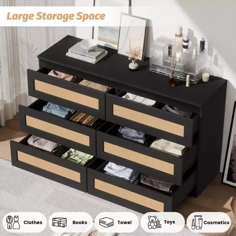 Rattan-Kommode fürs Schlafzimmer mit 6 Schubladen, 119 cm breite moderne Kommode im Landhausstil, Holzschrank mit Stauraum-Organizer für Kleiderschrank, Wohnzimmer und Flur
