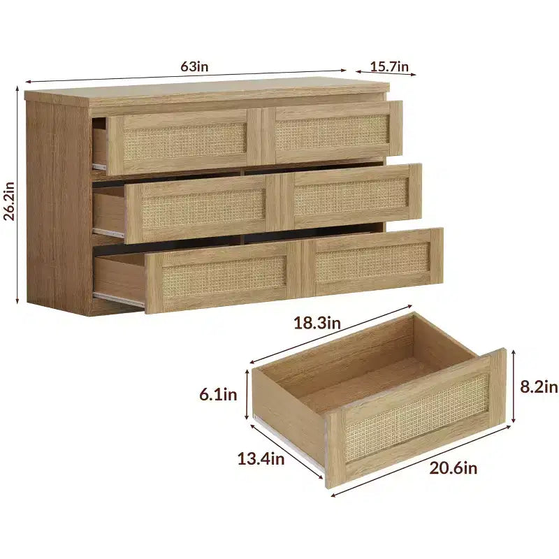 Rattan-Kommode fürs Schlafzimmer mit 6 Schubladen, 119 cm breite moderne Kommode im Landhausstil, Holzschrank mit Stauraum-Organizer für Kleiderschrank, Wohnzimmer und Flur