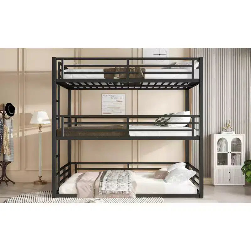 Full over Full over Full Bunk Bed, Metal Triple Bunk Bed with Safety Guardrails, Heavy-duty Bunk Bed with Noise-reduced Design, Black