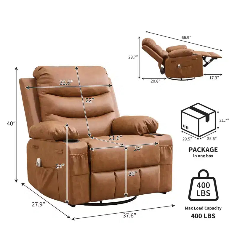 Sillón reclinable mecedor giratorio de 360° extragrande con masaje y calor: silla ergonómica de descanso con portavasos y bolsillos laterales para la sala de estar o el dormitorio infantil