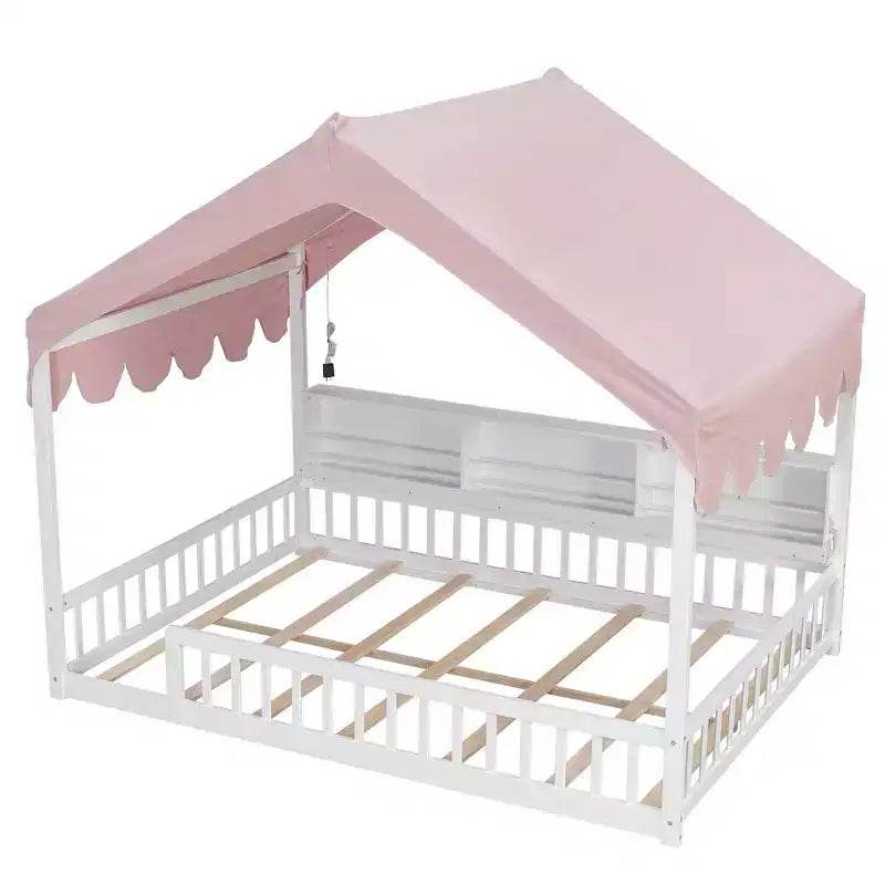 Whisen Full Size Wooden Floor Bed Frame, House-Shaped Daybed with Fense, 3 Storage Bookshelves, Curtain